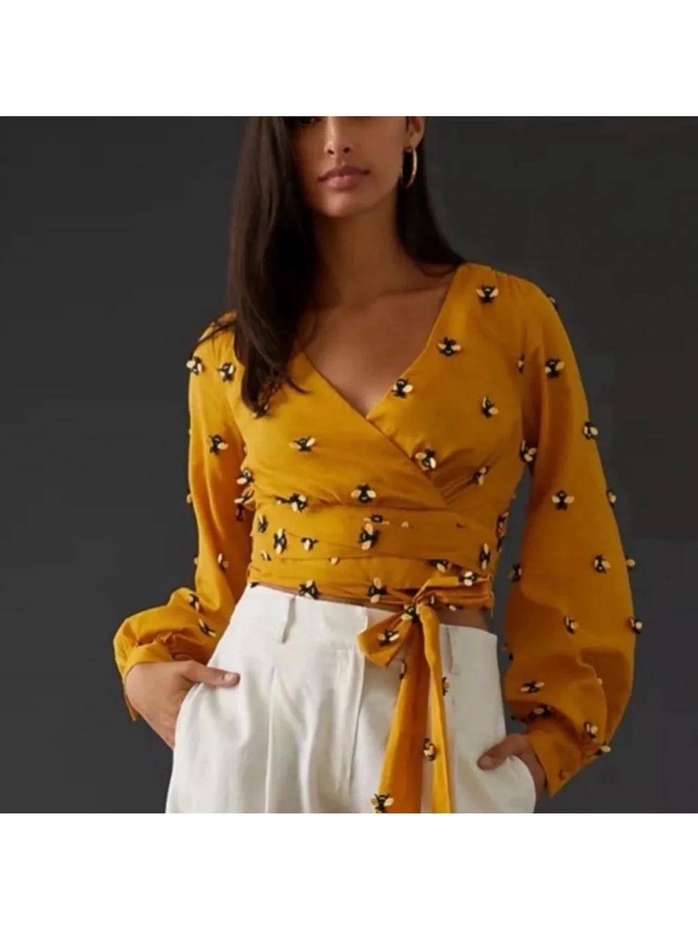 Anthropologie Maeve Embroidered Bee Wrap Top - Picture 6 of 9